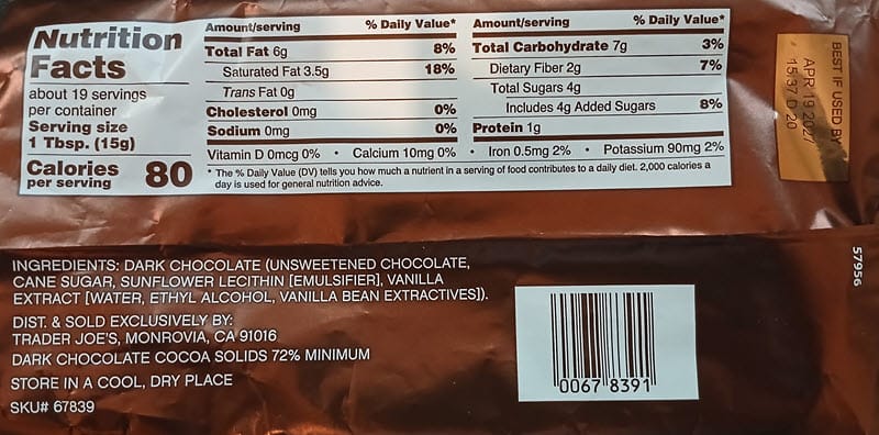 Back label of Trader Joe’s 72% cacao dark chocolate chips showing Nutrition Facts and ingredients