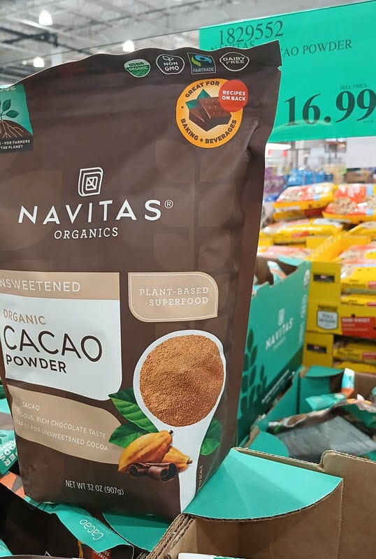 Front of a Navitas Organics unsweetened organic cacao powder bag at Costco
