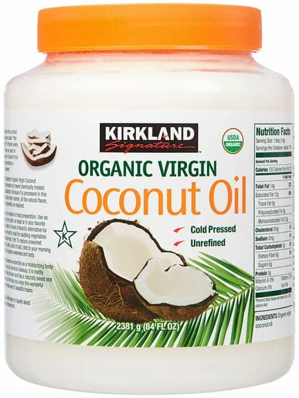 Jar of Kirkland Signature Organic Virgin Coconut Oil, cold pressed and unrefined