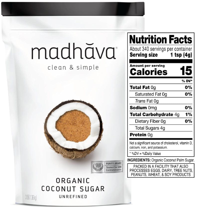 Bag of Madhava organic unrefined coconut sugar shown with its Nutrition Facts panel