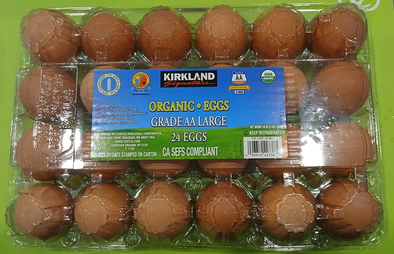 Carton of Kirkland Signature Organic Grade AA large brown eggs, 24 count