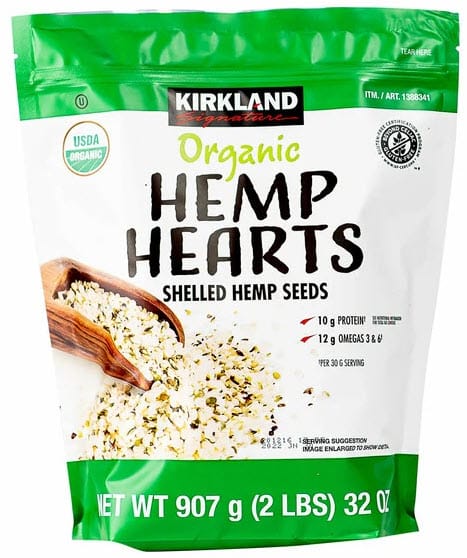 Bag of Kirkland Signature Organic Hemp Hearts, shelled hemp seeds, 2 pounds