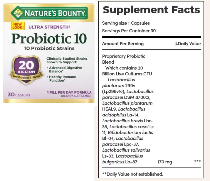 Nature&rsquo;s Bounty Probiotic 10 supplement, 20 billion live cultures across 10 strains, shown with its Supplement Facts panel
