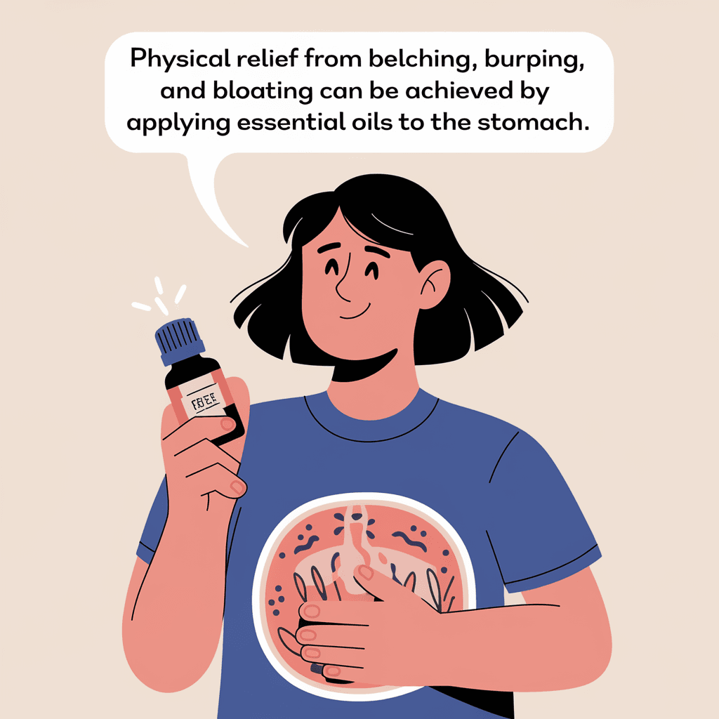 Illustration of a person holding an essential oil bottle over their stomach, captioned that applying essential oils to the stomach can relieve belching, burping, and bloating