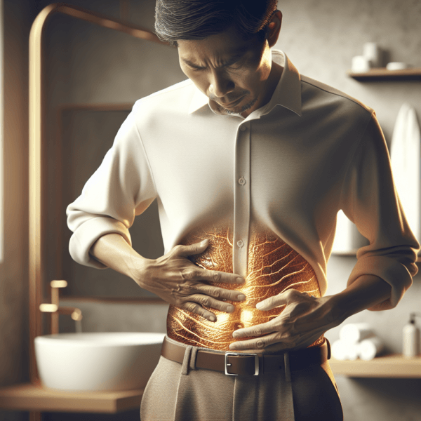 Illustration of a man clutching his abdomen in discomfort, his digestive area glowing
