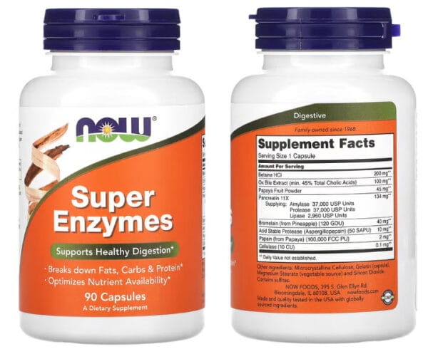 NOW Super Enzymes digestive supplement bottle shown front and back with its Supplement Facts panel
