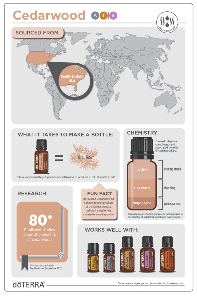 doTERRA Cedarwood infographic covering its South-Eastern USA sourcing, chemistry, published research, and complementary oils