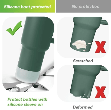 Aiersa graphic contrasting a bottle protected by a silicone boot with an unprotected bottle that is scratched and deformed