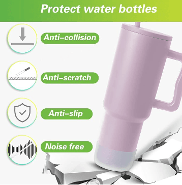 Aiersa graphic showing a pink tumbler with a silicone boot and its anti-collision, anti-scratch, anti-slip, and noise-free features