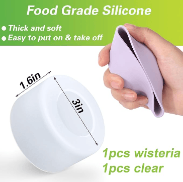 White food-grade silicone tumbler boot with labeled dimensions of 1.6 inches tall and 3 inches across, sold as one wisteria and one clear