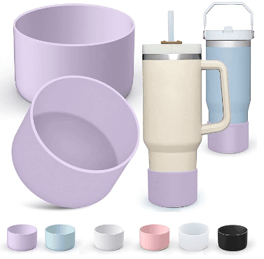 Amazon listing thumbnail of Aiersa lavender silicone tumbler boots shown with a Stanley-style tumbler and color options