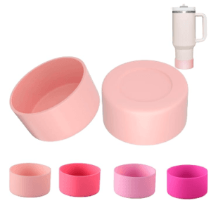 Pink silicone tumbler boots, one upright and one showing its base, with color-swatch options