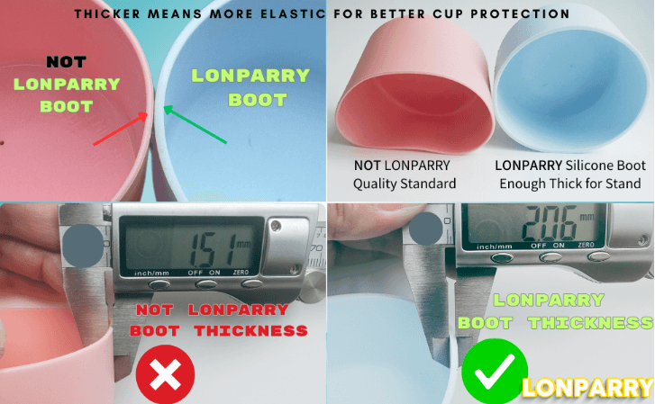 Lonparry comparison graphic showing its silicone boot measured at 2.06 mm thick versus a thinner 1.51 mm competitor for better cup protection