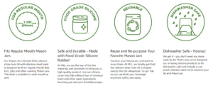 Mason Jar Lifestyle feature icons: fits regular-mouth mason jars, food-grade silicone, reusable, and dishwasher safe