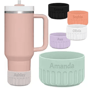Pink tumbler shown with personalized name-embossed silicone boots in several colors