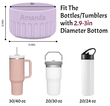 Lavender personalized silicone tumbler boot with a 3-inch diameter, fitting tumblers with a 2.9 to 3 inch base