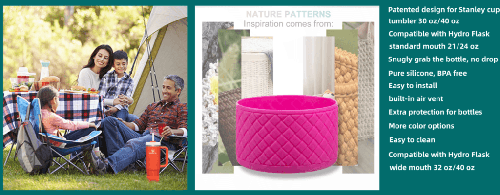 VGHNQ marketing graphic showing a family camping with a tumbler and a pink quilted silicone boot, listing features such as Stanley 30/40 oz compatibility and a built-in air vent