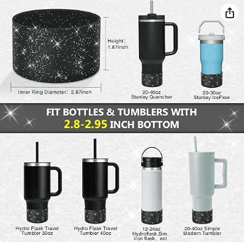 WUQID graphic of a black glitter silicone boot with dimensions, fitting tumblers with a 2.8 to 2.95 inch bottom such as the Stanley Quencher and Hydro Flask
