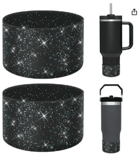 Black glittery silicone tumbler boots shown with tumblers and color options