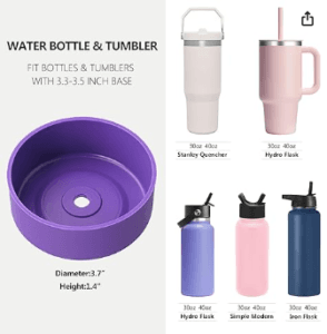Purple silicone tumbler boot showing its recessed base, fitting bottles and tumblers with a 3.3 to 3.5 inch base