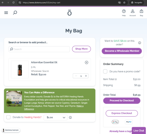 Screenshot of the doTERRA online store cart with Arborvitae essential oil added