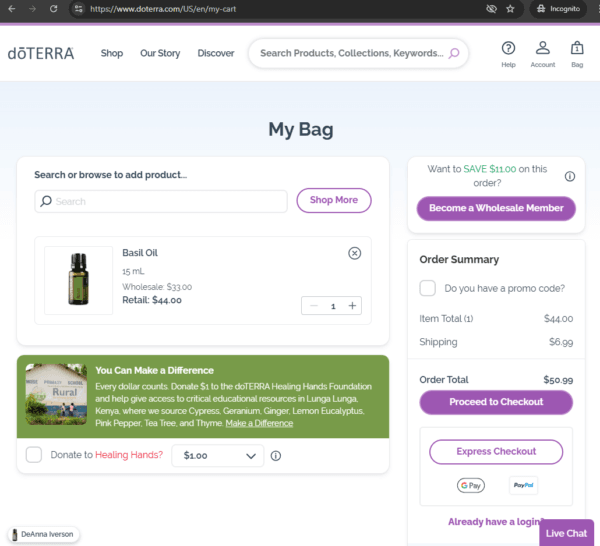 Screenshot of the doTERRA online store cart with Basil essential oil added