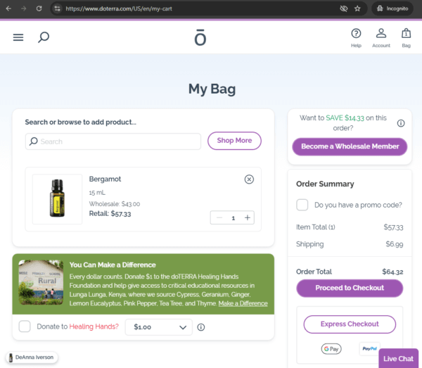 Screenshot of the doTERRA online store cart with Bergamot essential oil added