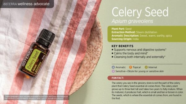 doTERRA Wellness Advocate infographic for Celery Seed essential oil, listing its plant part, extraction method, aromatic description, and key benefits