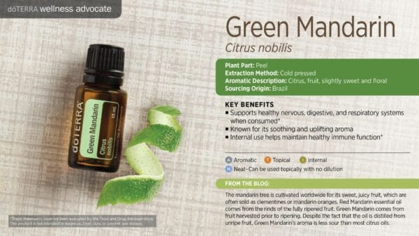 doTERRA Wellness Advocate infographic for Green Mandarin essential oil, listing its plant part, extraction method, aromatic description, and key benefits