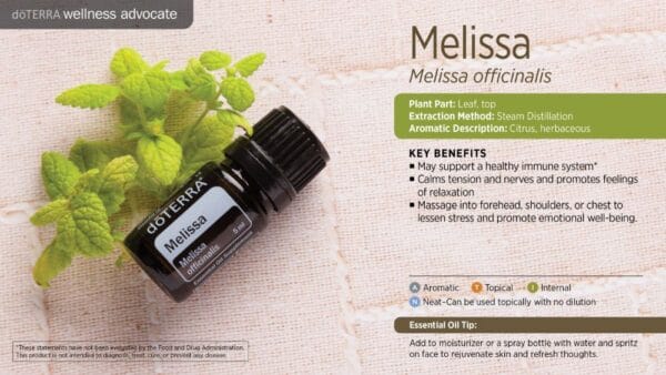 doTERRA Wellness Advocate infographic for Melissa essential oil, listing its plant part, extraction method, aromatic description, and key benefits