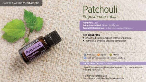 doTERRA Wellness Advocate infographic for Patchouli essential oil, listing its plant part, extraction method, aromatic description, and key benefits