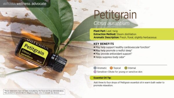 doTERRA Wellness Advocate infographic for Petitgrain essential oil, listing its plant part, extraction method, aromatic description, and key benefits