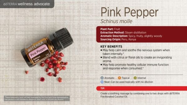 doTERRA Wellness Advocate infographic for Pink Pepper essential oil, listing its plant part, extraction method, aromatic description, and key benefits