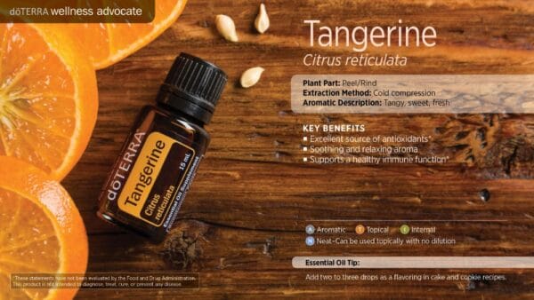 doTERRA Wellness Advocate infographic for Tangerine essential oil, listing its plant part, extraction method, aromatic description, and key benefits