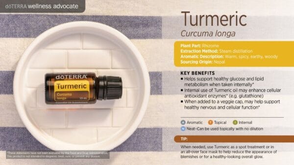 doTERRA Wellness Advocate infographic for Turmeric essential oil, listing its plant part, extraction method, aromatic description, and key benefits