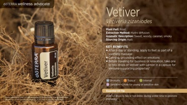 doTERRA Wellness Advocate infographic for Vetiver essential oil, listing its plant part, extraction method, aromatic description, and key benefits