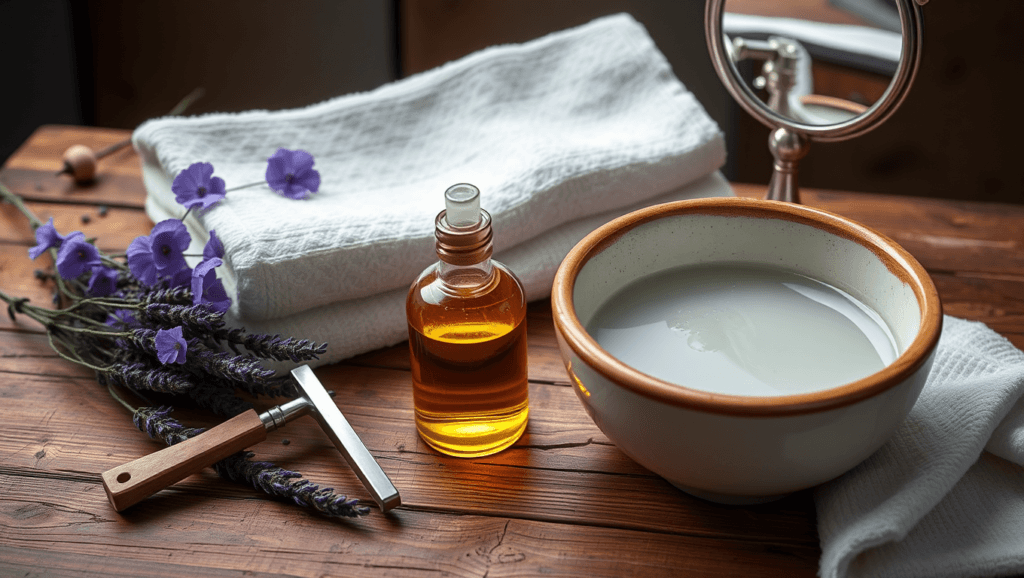 Barefoot Betters shaving-oil setup on a wooden table: an amber bottle of oil beside lavender sprigs, a safety razor, a folded towel, a lather bowl, and a shaving mirror