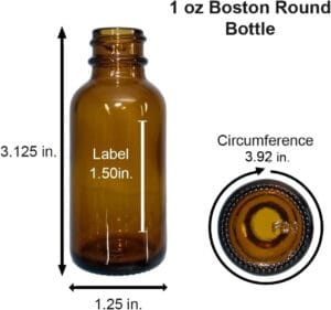 Amber 1 oz Boston round glass bottle shown with labeled dimensions
