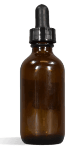 Amber 2 oz glass bottle with a black glass-dropper top