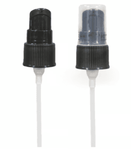 Two treatment pump-top dispensers for bottles, one black and one clear