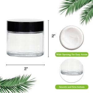 Clear 2 oz glass jar with a black lid, shown with dimensions and a wide-opening, smooth-bottom design