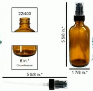 Amber 4 oz glass Boston round bottle with a black treatment pump top, shown with labeled dimensions