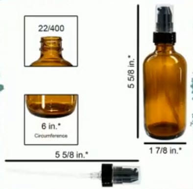 Amber 4 oz glass Boston round bottle with a black treatment pump top, shown with labeled dimensions