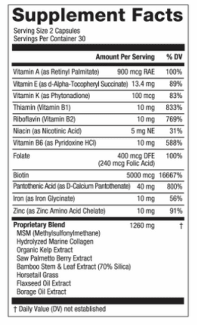 Supplement Facts panel for a Hair La Vie hair vitamin, listing its vitamins and a proprietary blend of MSM, marine collagen, saw palmetto, biotin, and more