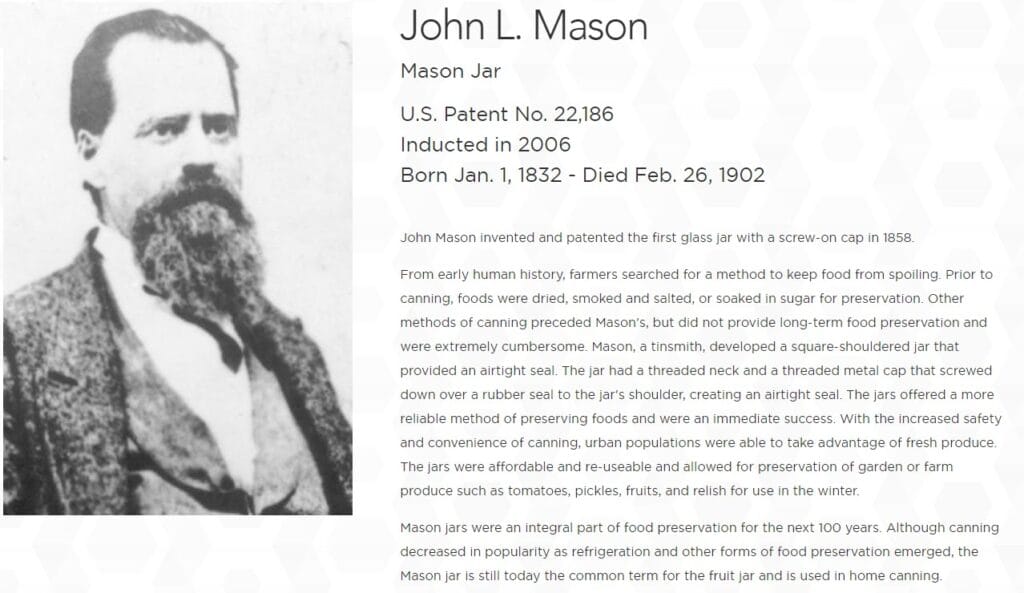 Portrait and biography of John L. Mason, inventor of the screw-cap Mason jar, from the National Inventors Hall of Fame