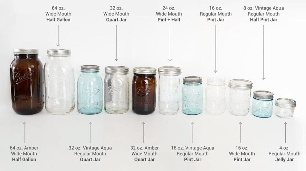 Lineup of Ball mason jars from a 64 oz half gallon down to a 4 oz jelly jar, each labeled with its size and mouth type