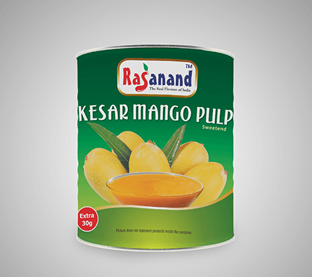 Can of Rasanand Kesar sweetened mango pulp