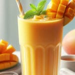 Tall glass of creamy mango lassi garnished with fresh mango and a sprig of mint