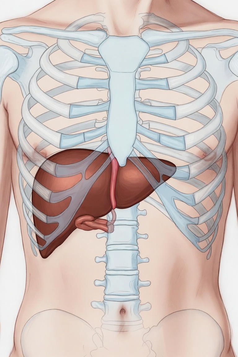 The liver tucked up under the right rib cage — the area to massage the oil over