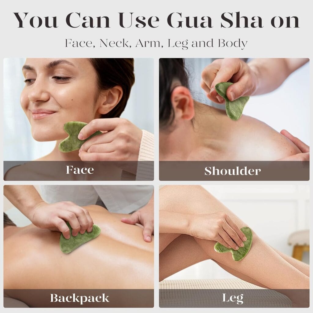 Instructional graphic showing a green jade gua sha stone being used on the face, shoulder, back, and leg